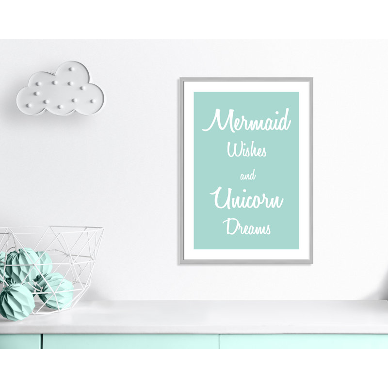 «Mermaid Wishes and Unicorn Dreams», impression sur papier, H 34,5 po x l 24,5 po x P 1,18 po, Encadré de boîte argent