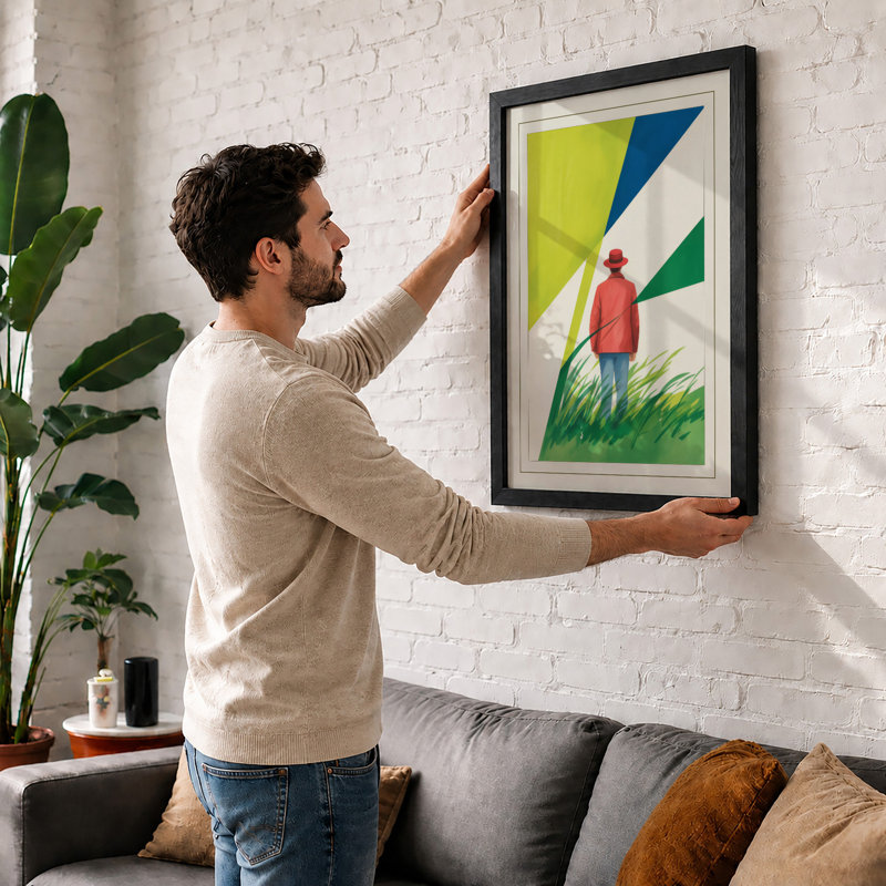 Figure in Red Retro - Framed Print, A2 - 59.4 x 42.0 cm, Oak