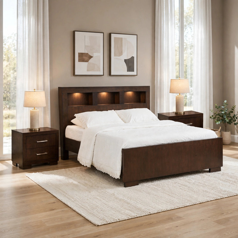Ensemble de chambre pour très grand lit, brun, nickel argenté, 3 pièces avec 2 tables de chevet