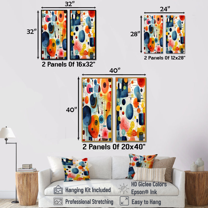 Colourful Geometric Mid Century Shapes II - Abstract Geometric Canvas Prints Set Of 2, 40" H x 41" W, Brown Floater Framed