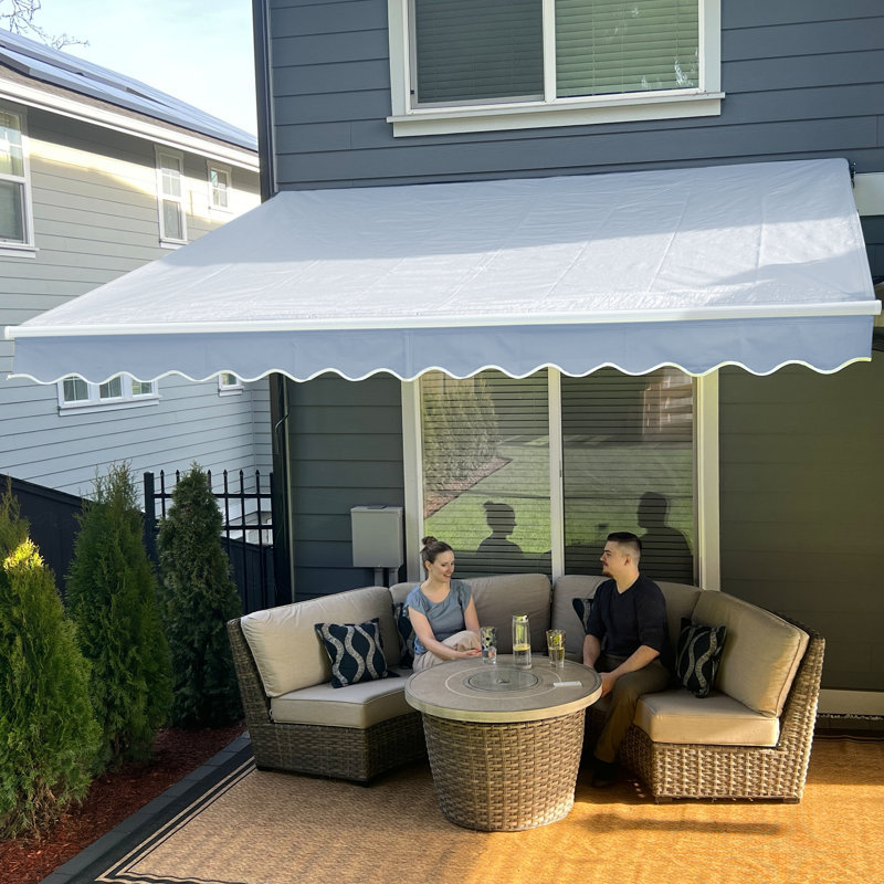 ALEKO Motorized Retractable Outdoor Awning with White Frame, Blue, 10' W x 8' D
