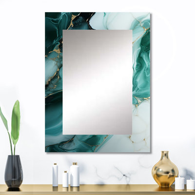 Gold And Emerald Marble Ink Flow - Large Wall Mirror On Metal