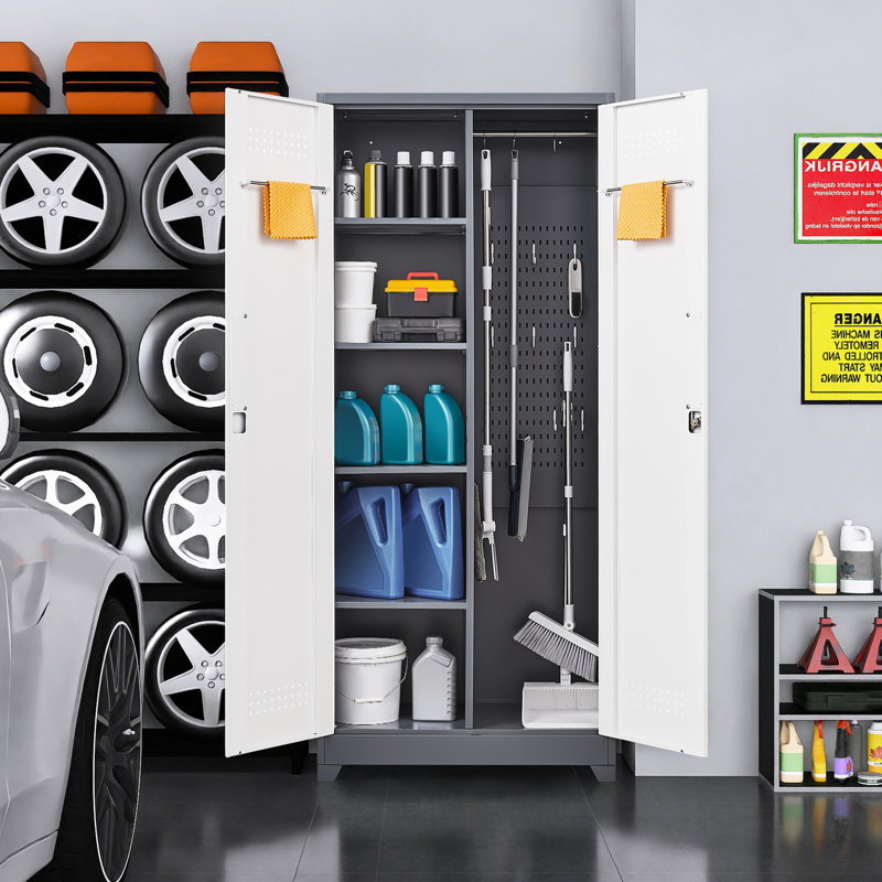 Casiers de rangement pour outils à haut balai, métal gris, portes verrouillables, tablettes réglables, acier de qualité, traitement contre la corrosion, espace de suspension et de rayonnage, grand rangement en métal ventilé, renforcé