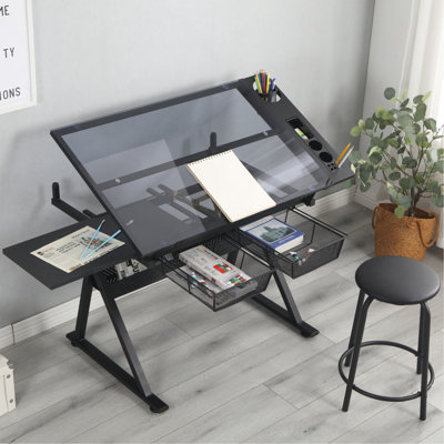 Table à dessin noire réglable en verre trempé avec chaise