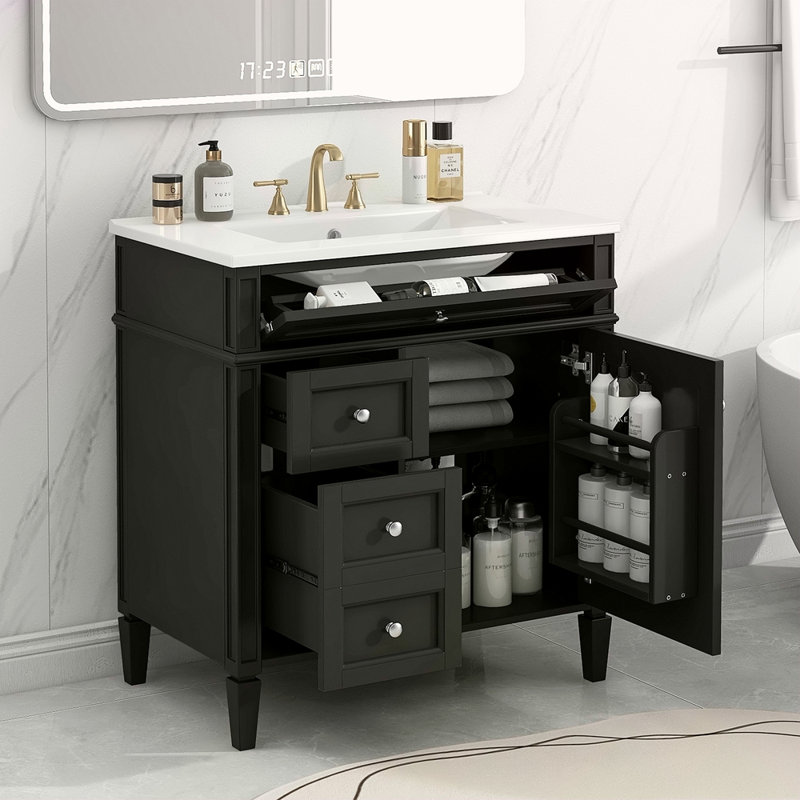 Meuble-lavabo de 30 po avec lavabo supérieur, meuble-lavabo moderne avec 2 tiroirs et tiroir escamotable, meuble-lavabo simple