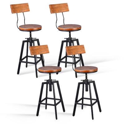 Ensemble de 2 tabourets de bar pivotants réglables en métal avec dossier, noir, entièrement soudé (plateau en bois brun avec dossier en fer)