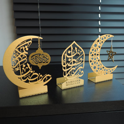 Ensemble de 3 porte-bougies en métal Ramadan Mubarak