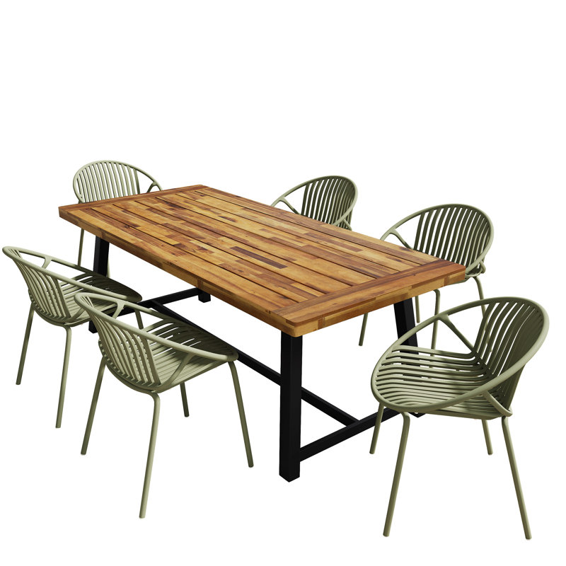 Ensemble de salle à manger d'extérieur moderne 7 pièces avec chaise empilable, vert, Vert