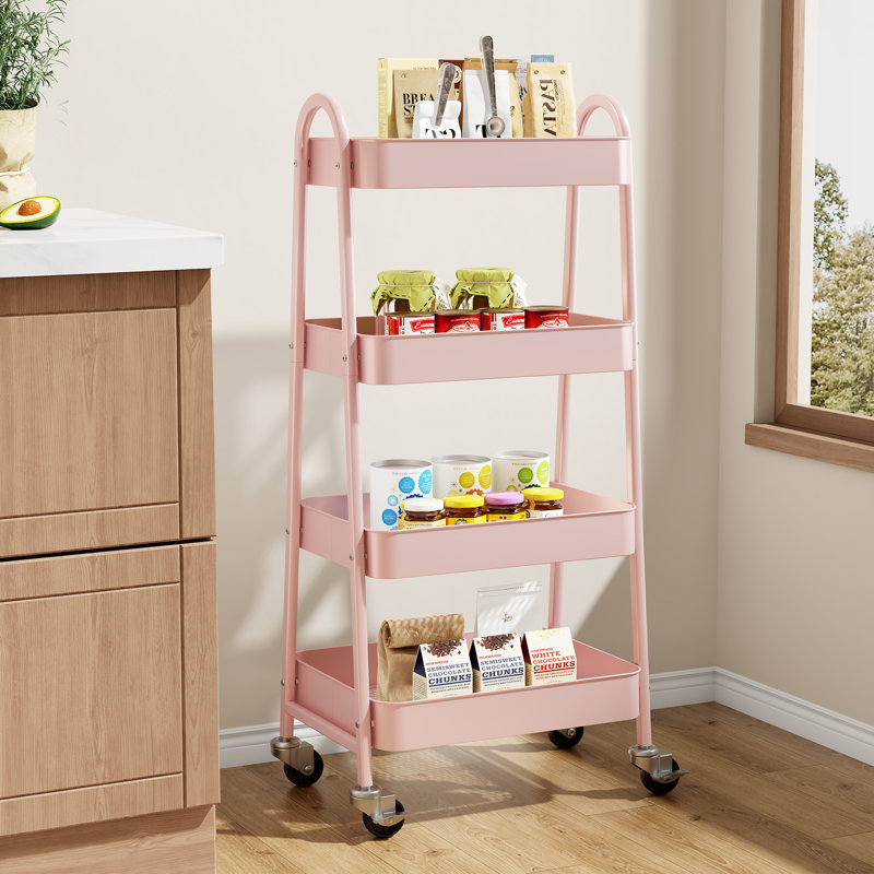 4-Tier Under Desk Mobile Utility Cart with Metal Storage Organizer, Pink