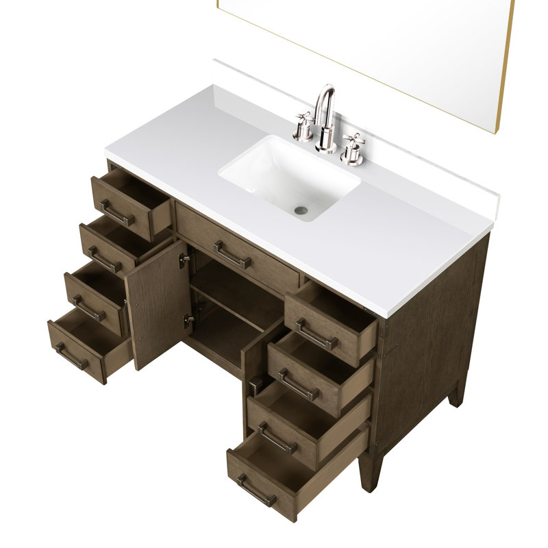 48 po Meuble-lavabo simple large en chêne, comptoir en quartz blanc, robinet inclus, 46 miroirs scellés, Gris