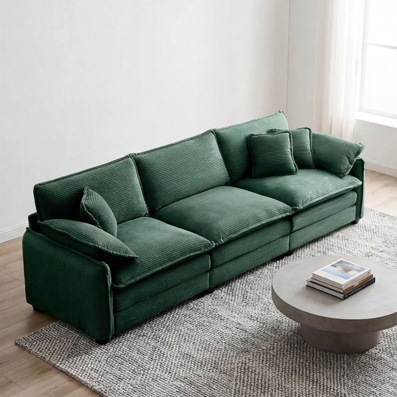 Mid-century Modern 3-seater Sectional Sofa With 2 Arm Pillows And 3 Throw Pillows, Green