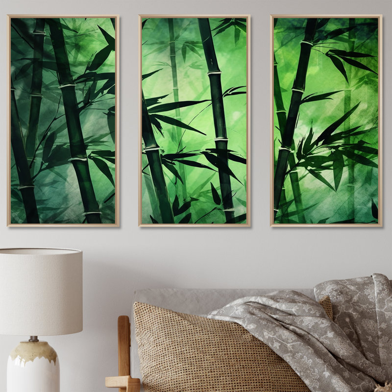 Bambou vert foncé et clair - ensemble d'art mural en bambou, Cadre naturel flottant, H 28 po x l 36 po x P 1 po