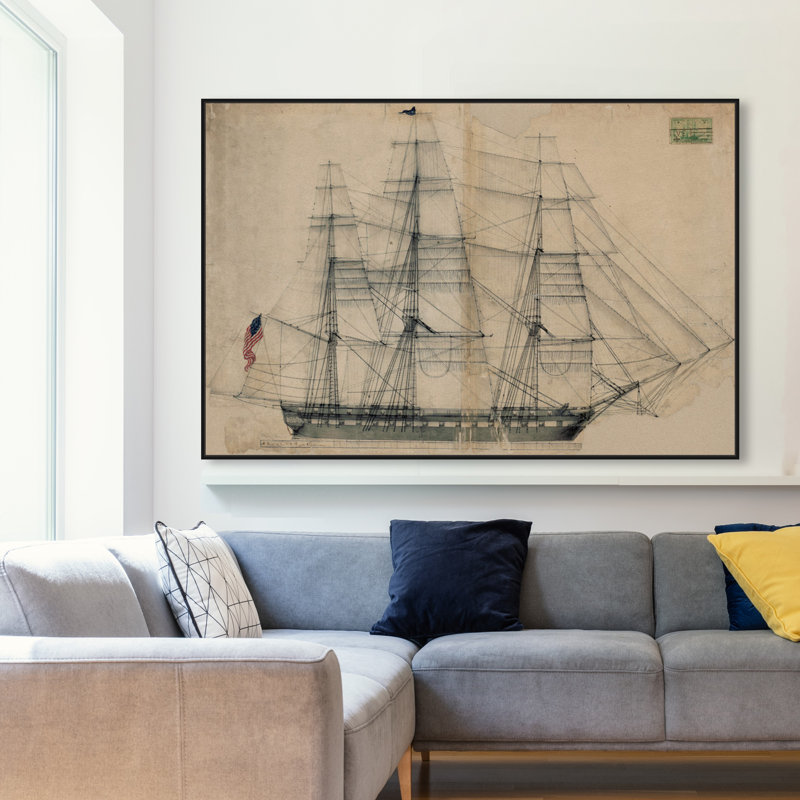 Reproduction d'art graphique sur toile Almeda USS Constitution Sail Plan 1817, H 36 po x l 54 po, Cadre noir
