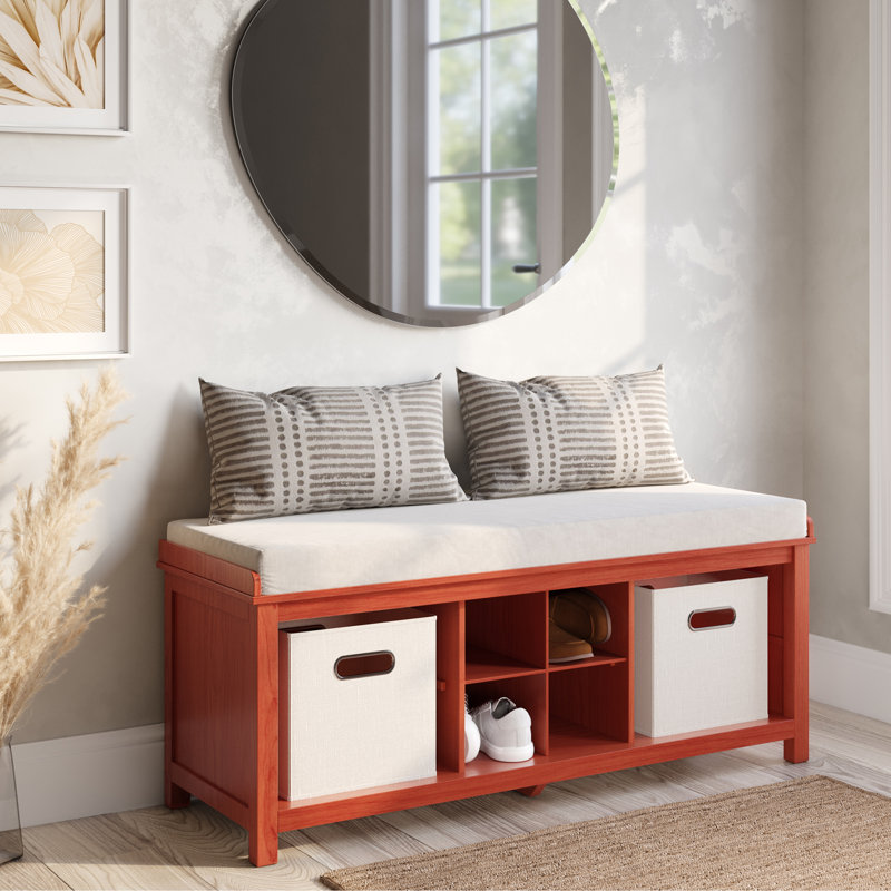Banc d'entrée en bois massif avec diviseur de chaussures et 2 bacs John Louis Home, Acajou rouge