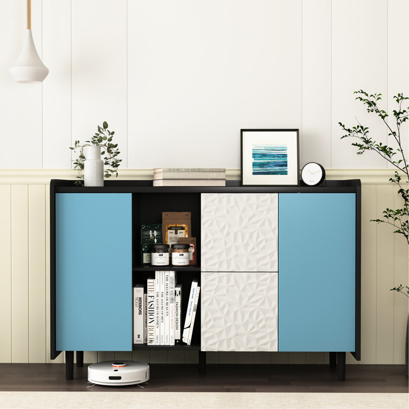Modern Sideboard Buffet Cabinet With Black Body And Blue Doors, 2 Drawers & Open Compartments For Kitchen Dining Room Storage Doors Drawers,