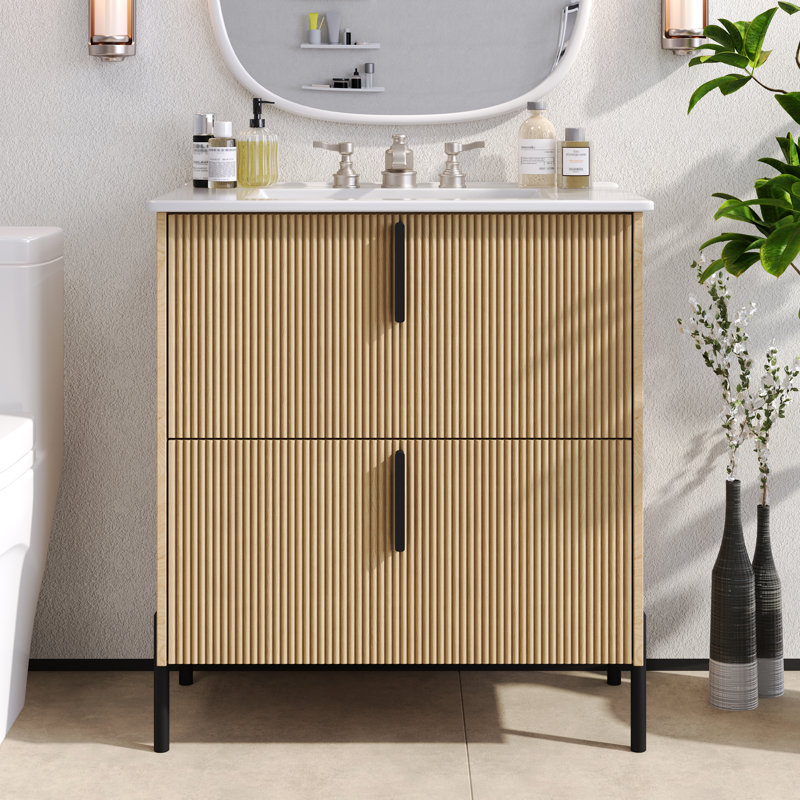 Meuble-lavabo de 30 po avec lavabo en céramique et tiroirs pleine extension, glissières de tiroir à fermeture en douceur, conception cannelée, naturel