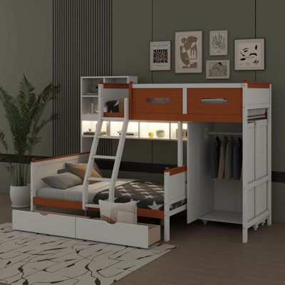 Twin-Over-Full Wooden Bunk Bed Featuring Wardrobe, Drawer Units, Shelving, And LED Light Setup