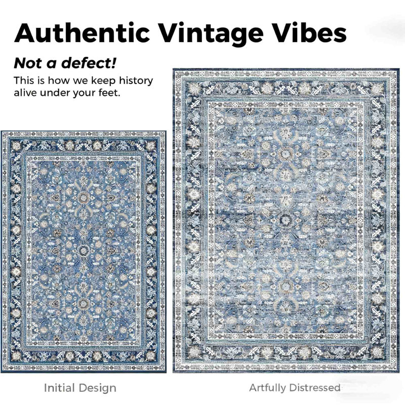 Tapis rétro bleu lavable rétro 5 x 7 avec envers antidérapant