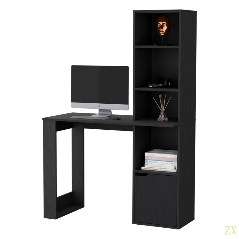 Bureau d'ordinateur Anson avec bibliothèque à 4 niveaux et armoire à 1 porte, Noir