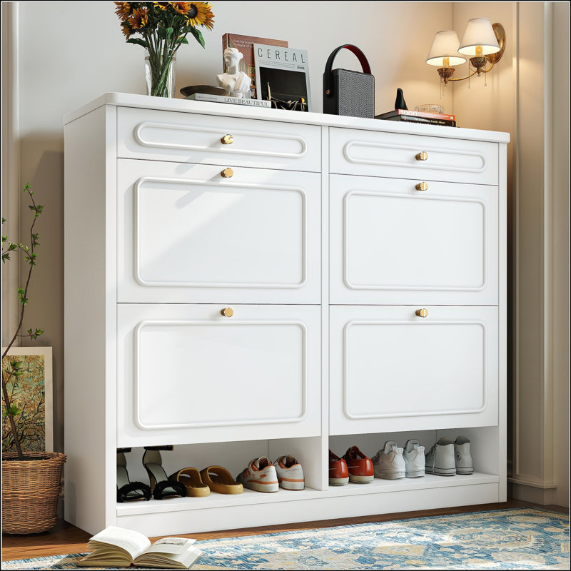 Wooden Shoe Cabinet with 4 Flip Drawers and 2 Storage Drawers, Light White