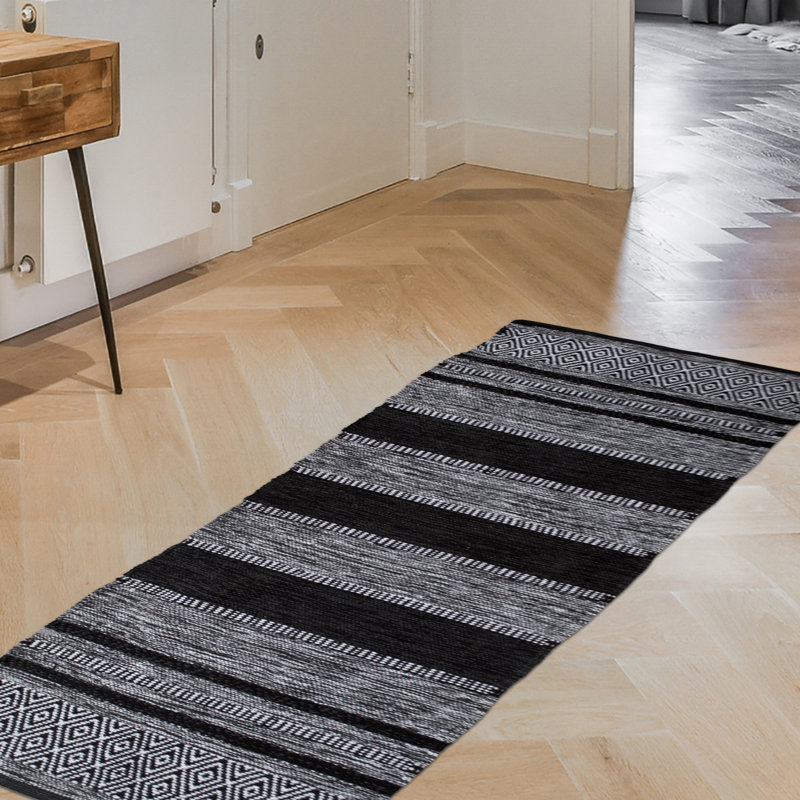 Stewartville Geometric Hand-Woven Flatweave Cotton Bath Rug, 2' x 6', Black