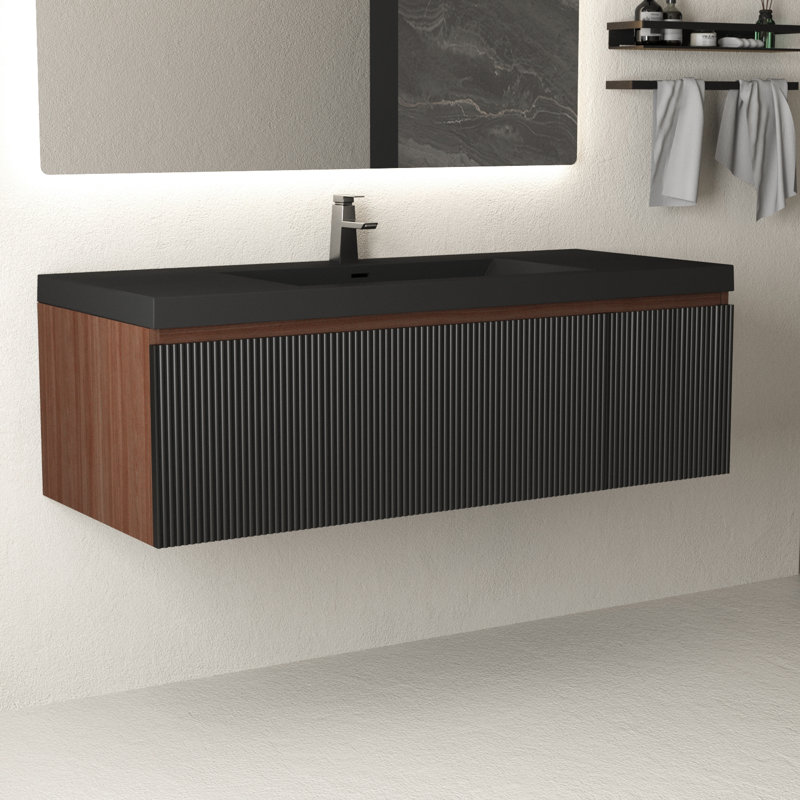 Meuble-lavabo mural simple 48 po avec lavabo, armoire flottante en résine avec porte à fermeture en douceur et rangement pour tiroir, pré-assemblé, noir
