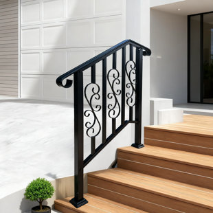 Ensemble de rampes d'escalier d'extérieur pour 2-3 marches, rampe en fer forgé avec conception à volutes, hauteur et largeur réglables, revêtement antirouille pour porche et escalier extérieur