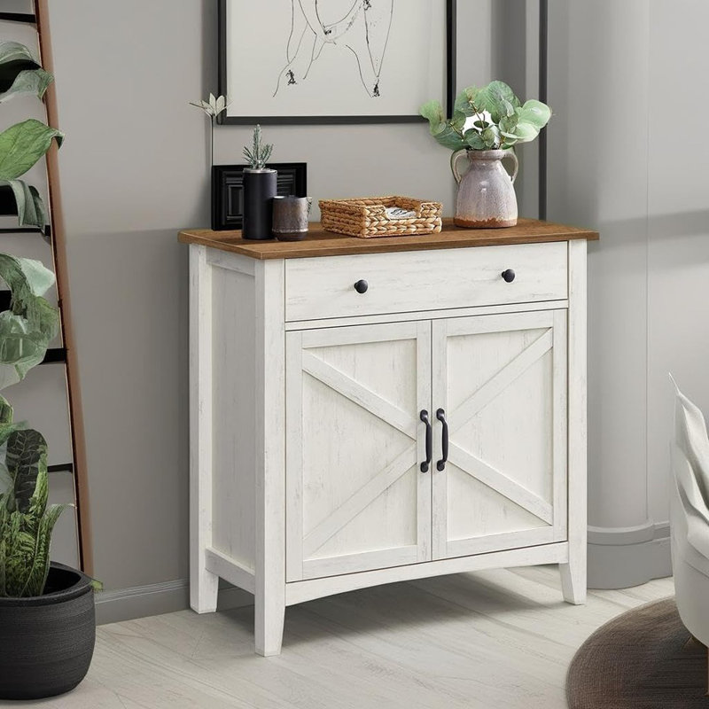 Armoire à café avec tiroir, tablette réglable, trou de câble et cloison de tiroir, blanc rustique et brun miel