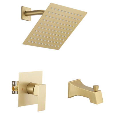 Robinet de douche monocommande à 2 jets d'eau de pluie 2,5 gallons par minute avec bec de baignoire à haute pression en or brossé (valve incluse)