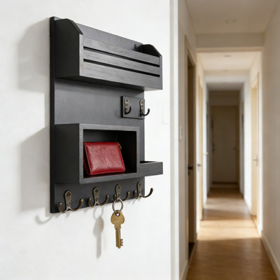 Porte-clés mural et organisateur de courrier avec crochets en métal, décor de hall d'entrée en bois rustique pour l'organisation de la maison et du bureau