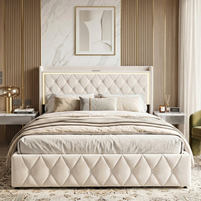 EU & UK Sizes Velvet Ottoman Bed With LED Storage Headboard, Upholstered Bed Frame With Charging Port, Beige