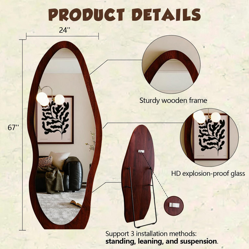Wavy Full Length Mirror, 67" x 24" Irregular Wood Frame Floor Mirror with Stand, Modern Organic Freestanding Full Body Mirror for Bedroom, Living Room, Entryway, Walnut Brown