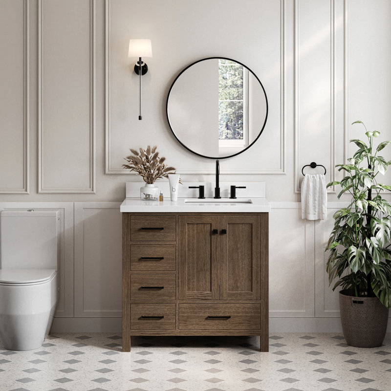 Ensemble de meuble-lavabo simple 37 po Grevera, Quartz blanc pur, Chêne brun, Rectangular