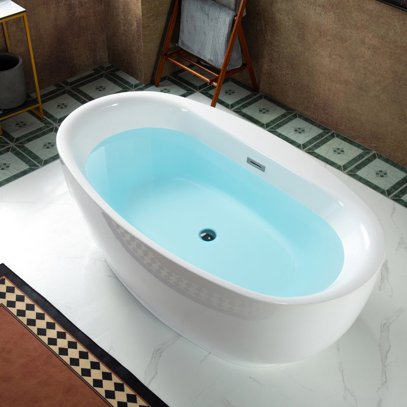 WOODBRIDGE 66" Acrylic Freestanding Bathtub Contemporary Soaking White Tub with Drain and Overflow in Brushed Nickel