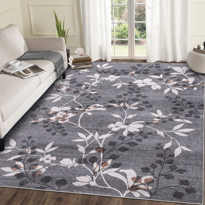 Tapis à motif de feuilles lavable à la machine Tapis antidérapant antidérapant à poils longs à motif botanique doux, Gris