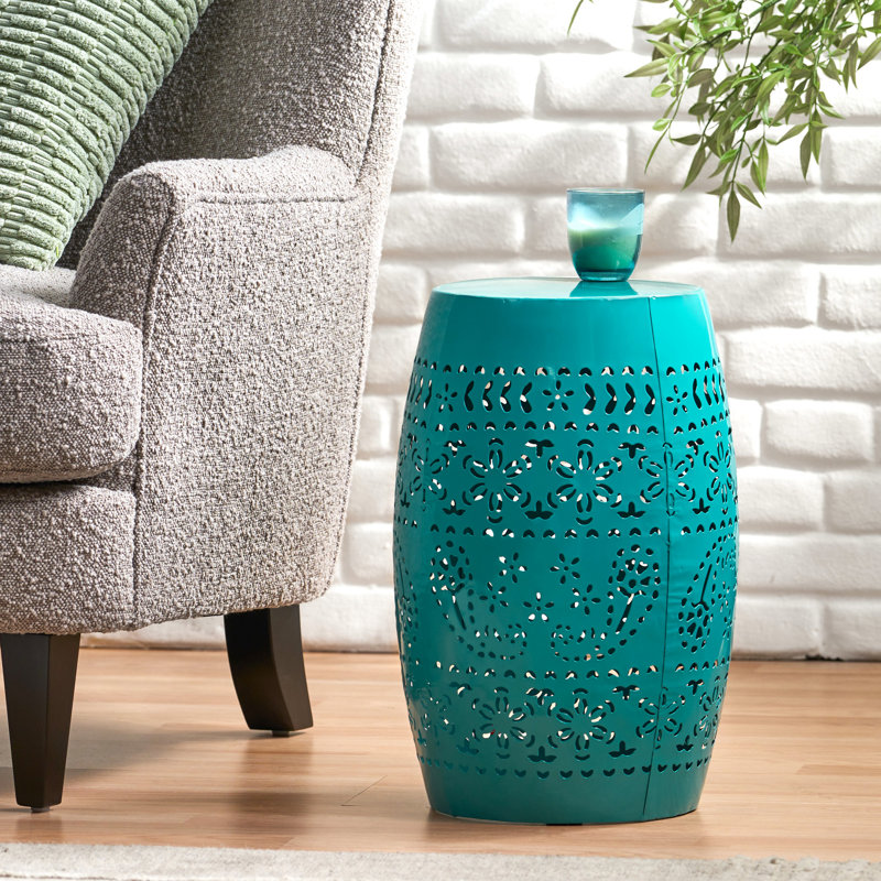Elegant Lace Cut Side Table, Teal Color, 12.06X12.06X17.91, Metal, No Assembly Delicate Powder-Coated Iron Frame,