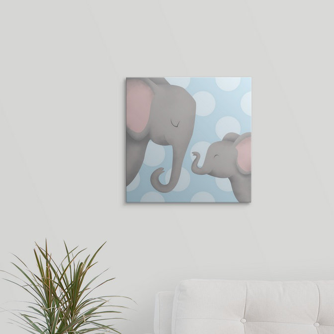 «Elephant Mommy and Baby on Blue», impression, H 36 po x l 36 po x P 1,25 po, Toile