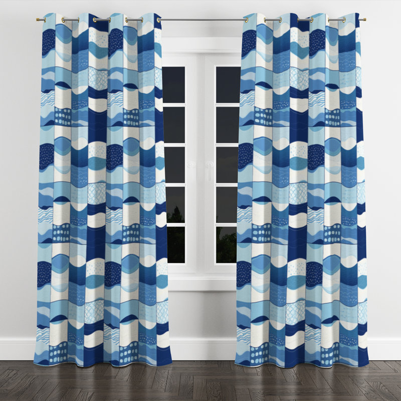 Rideaux obscurcissant Patchwork Room - Rideau à œillets Blue Ocean - 1 panneau, L 52 po x L 120 po, Œillets dorés