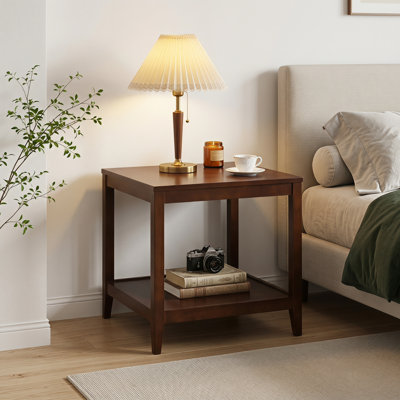 Table de bout carrée en bois massif à 2 niveaux, table d'appoint transitionnelle de style campagnard avec tablette de rangement ouverte, table de chevet en bois brun foncé et table d'appoint pour le salon, la chambre et le bureau