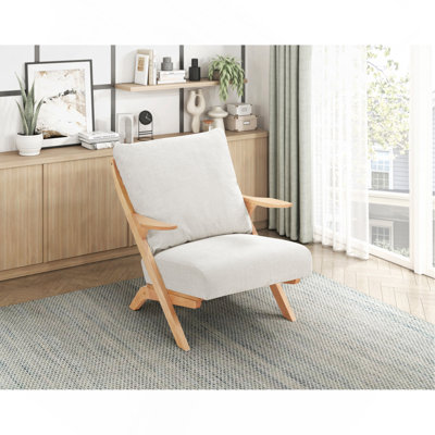 Mid-Century Modern Accent Chair 1Pc Natural Finish Solid Rubberwood Frame Comfort Seat Cushion Beige Chenille Upholstery Living Room Furniture