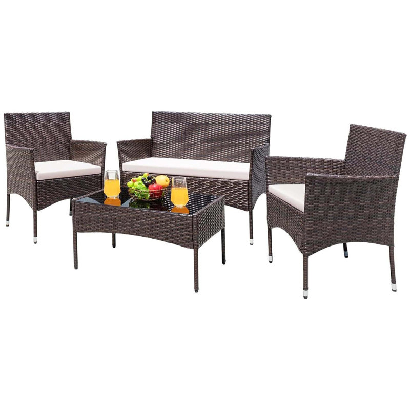 Rattan Garden Furniture Set 4 Piece Table Chairs Sofa Wicker Outdoor Patio Set, Brown