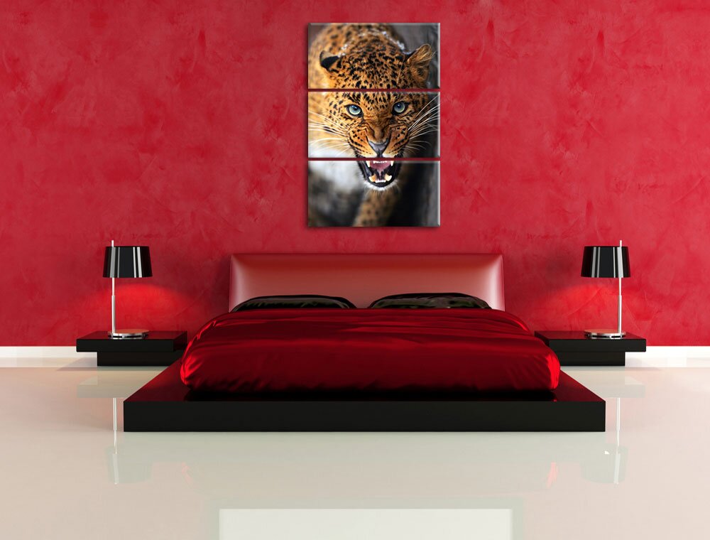 3-tlg. Leinwandbilder-Set „Fauchender Leopard“, Fotodruck