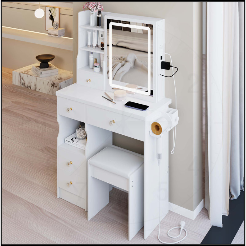 Table de coiffeuse compacte à tiroir gauche avec fonctions avancées et tabouret, Blanc