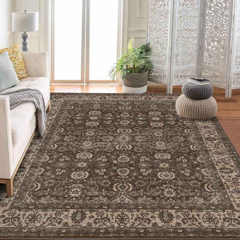 Non-Slip Washable Kitchen & Hallway Low Pile Vintage Floral, Stain Resistant, Rectangle 9' x 12'