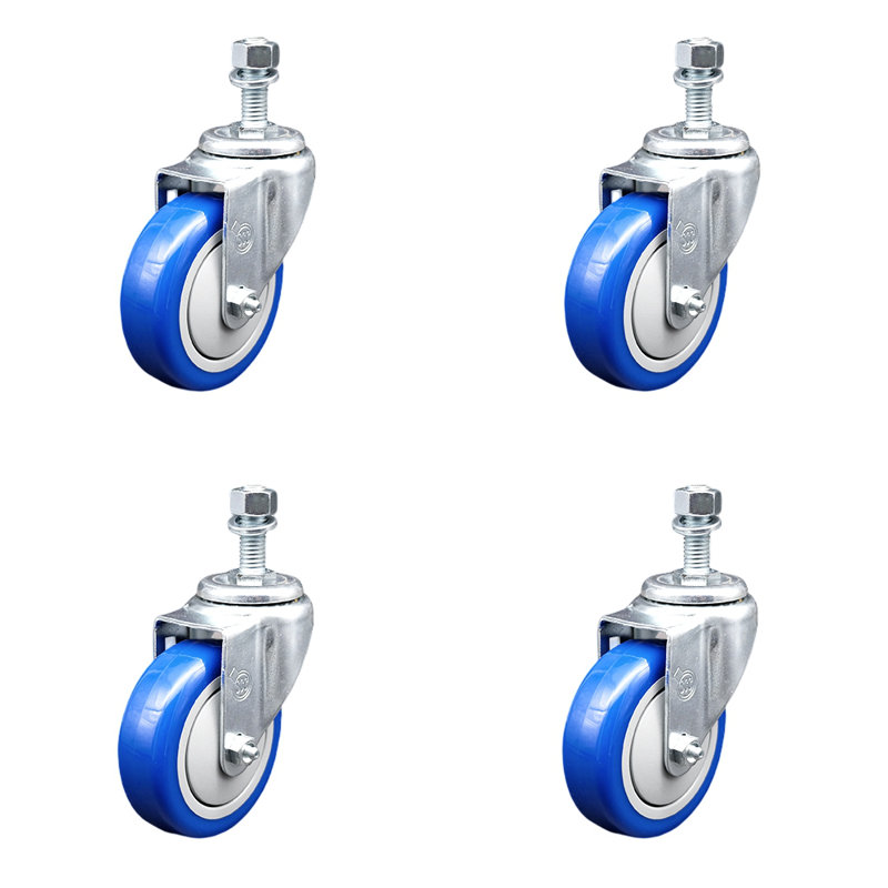 Ensemble de roulettes à tige filetée en polyuréthane 4 pouces 4mm SCC, Bleu