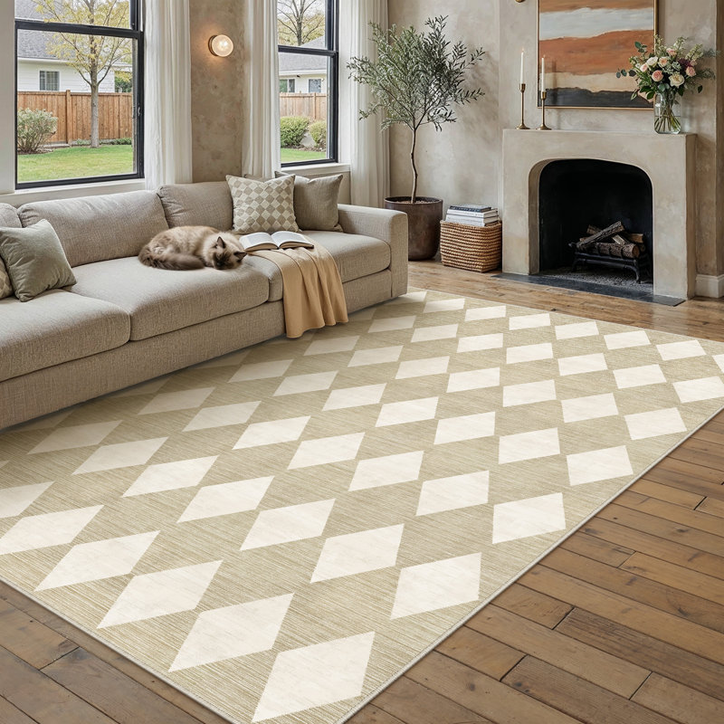 Tapis moderne lavable à losanges pour le salon avec envers antidérapant, Beige, Rectangle 6 pi x 9 pi