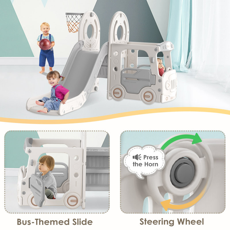 4 in 1 Toddler Slide, Kids Slide with Climber and Bus Playhouse Outdoor Indoor Slide Playset