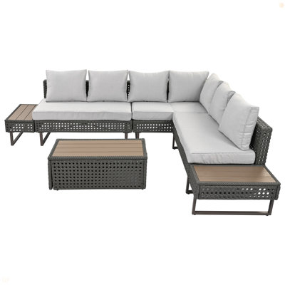 6-Pers Diamond Weave Patio Sectional Furniture Set With Extendable Coffee Table With Ice Bucket, Collapsible Seat,Conversation Set With Side Table And Deep Cushions For Couch, Porch, Backyard