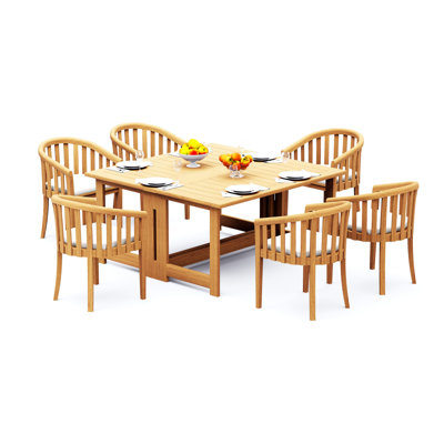 7 Pcs Grade-A Teak Wood Dining Set: 60" Square Rectangle Butterfly Table  Lenong Arm Chairs #11LN1406