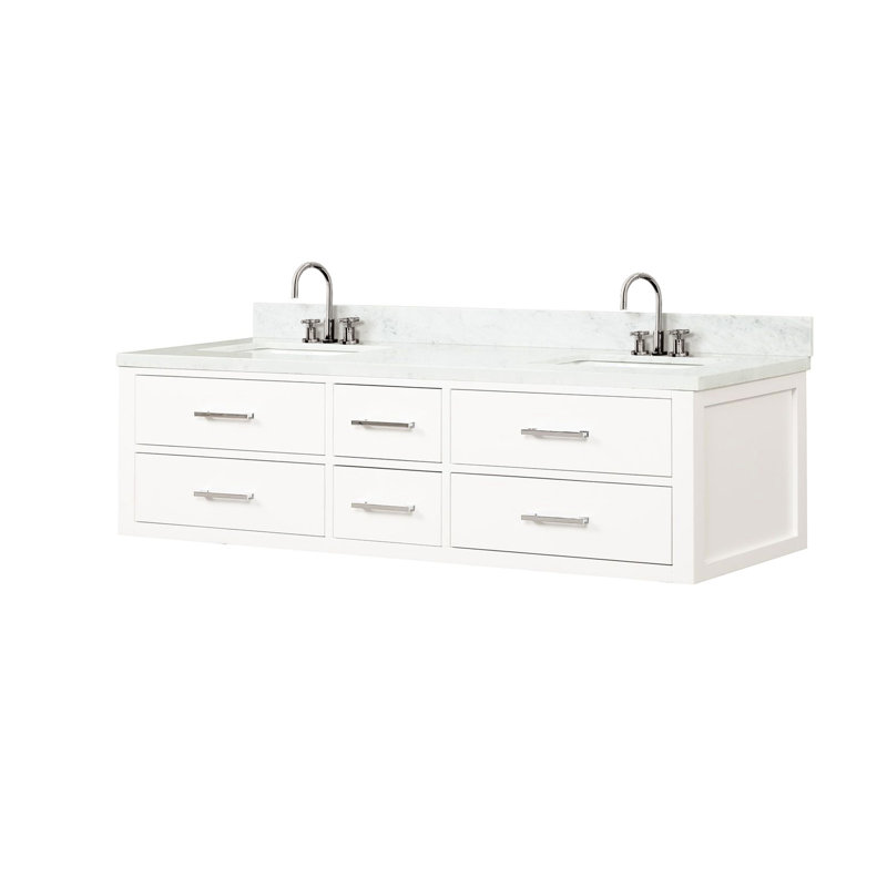 72 po Meuble-lavabo double, blanc, comptoir en marbre, robinet, fermeture en douceur, bois massif et meuble-lavabo X 22 po, robinets supérieurs et fusion